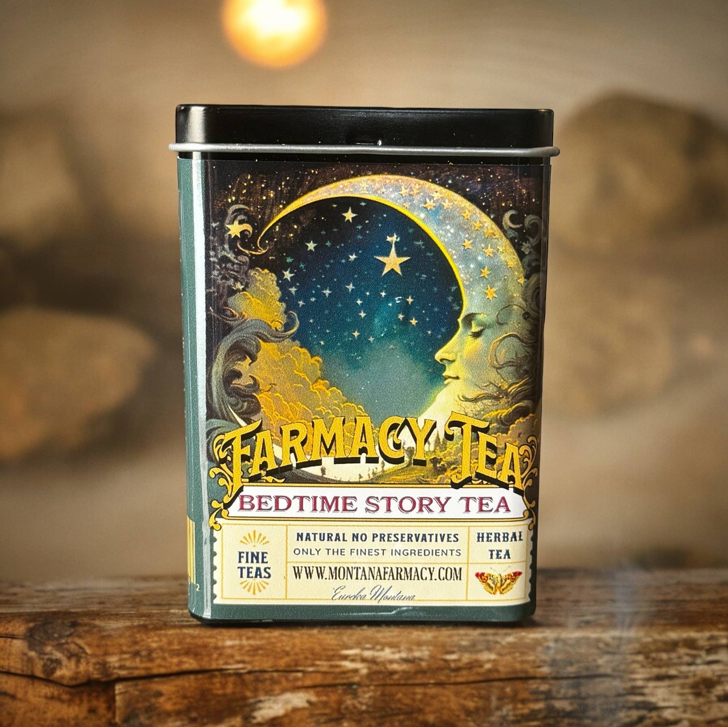 Montana Farmacy tea tin with a crescent moon on the label