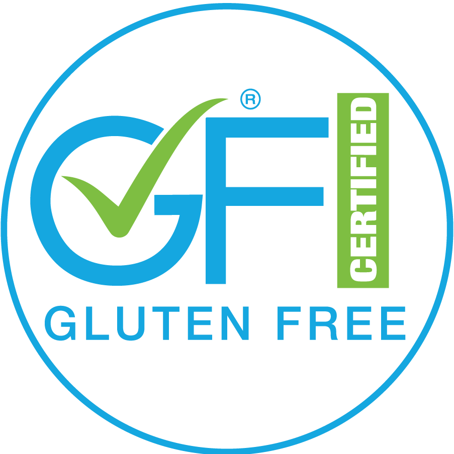 Gluten Free certification logo with a blue circle and green check mark on a white background