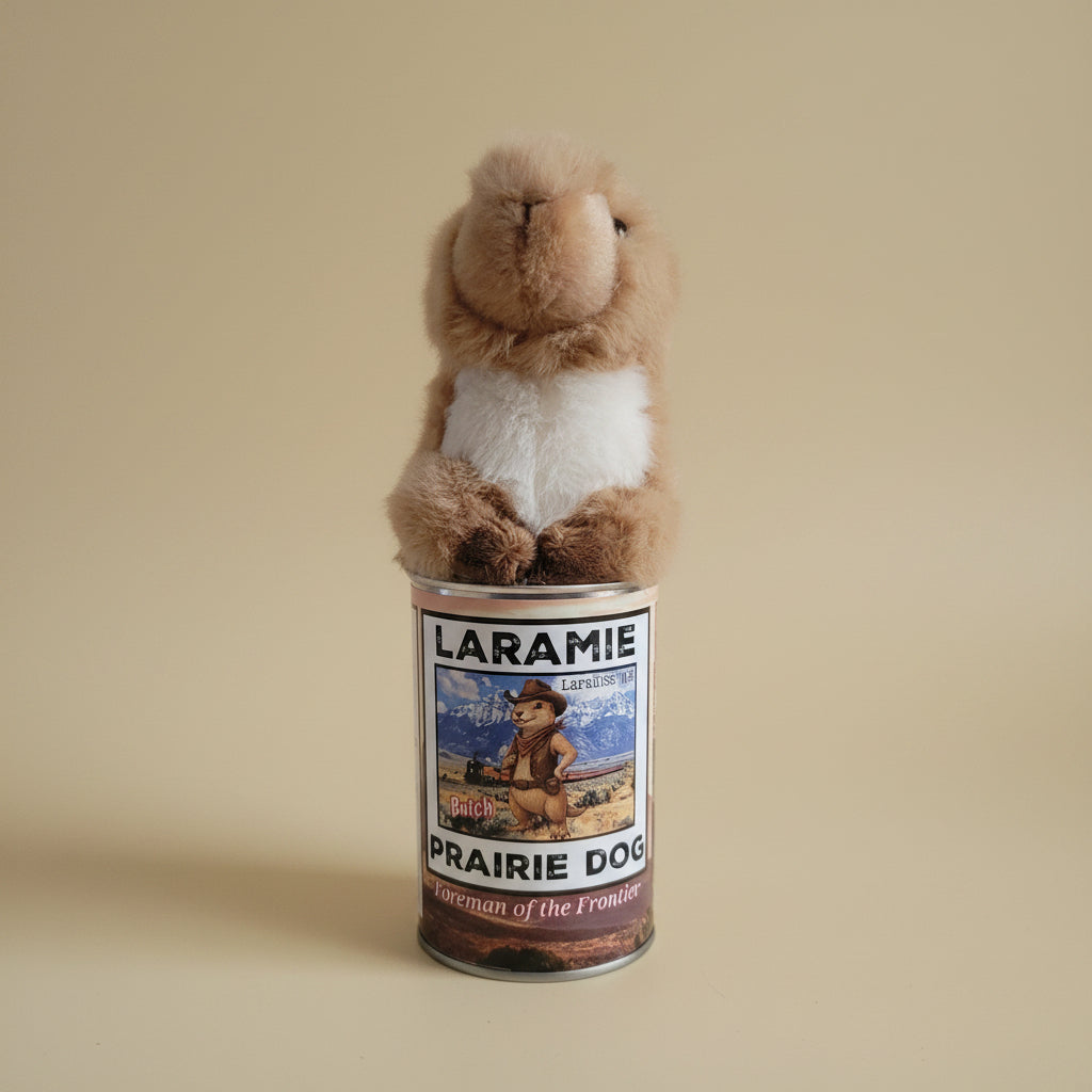 Canned Plush Prairie Dog popping out of the top of a can on a tan background