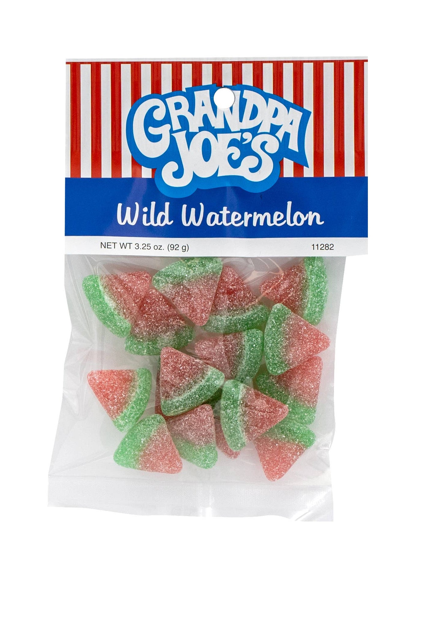 Packaged candy labeled 'Grandpa Joe's Wild Watermelon' with a red and white striped design on a white background.