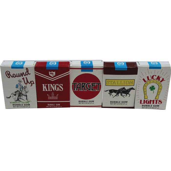Collection of bubble gum packs from various brands on a white background