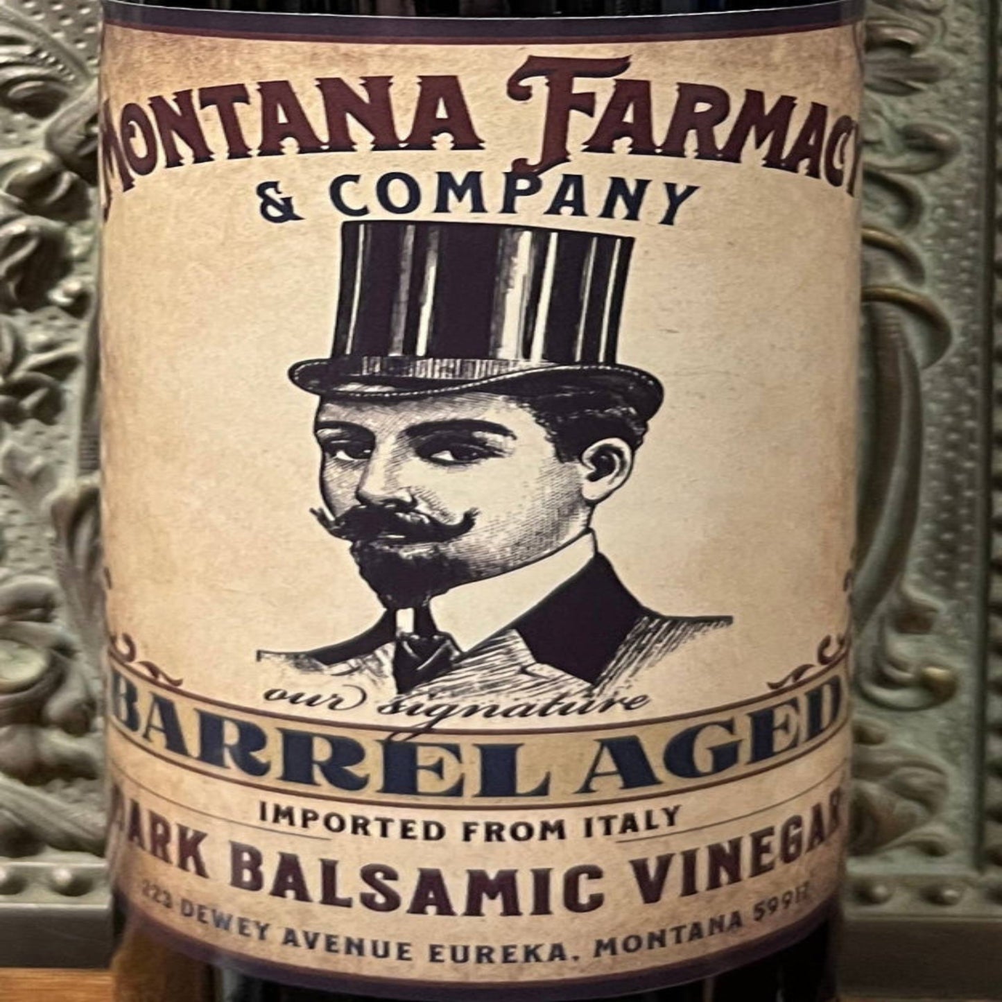 Montana Farmacy & Company barrel aged balsamic vinegar bottle with vintage-style label