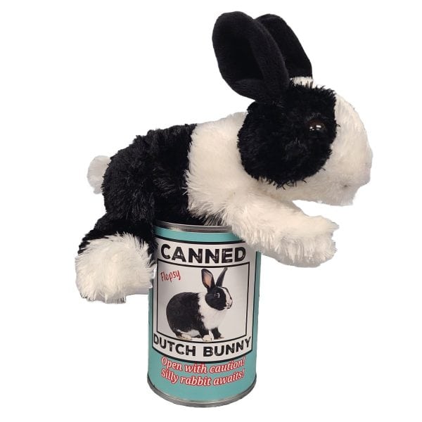 Canned Dutch Bunny stuffed plush toy in silver pop-top can with funny jokes — unique novelty gift