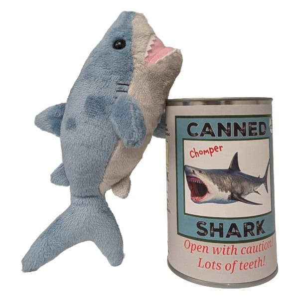 Canned Shark stuffed plush toy in silver pop-top can with funny jokes on label — unique novelty gift