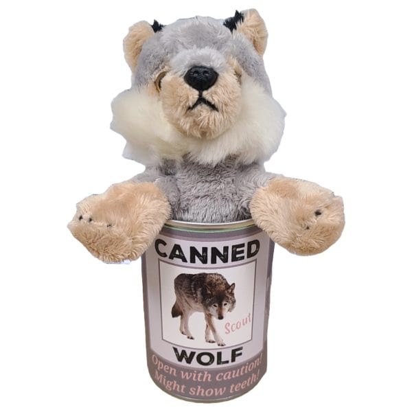 Canned Wolf stuffed plush toy in silver pop-top can with funny jokes on label — unique novelty gift