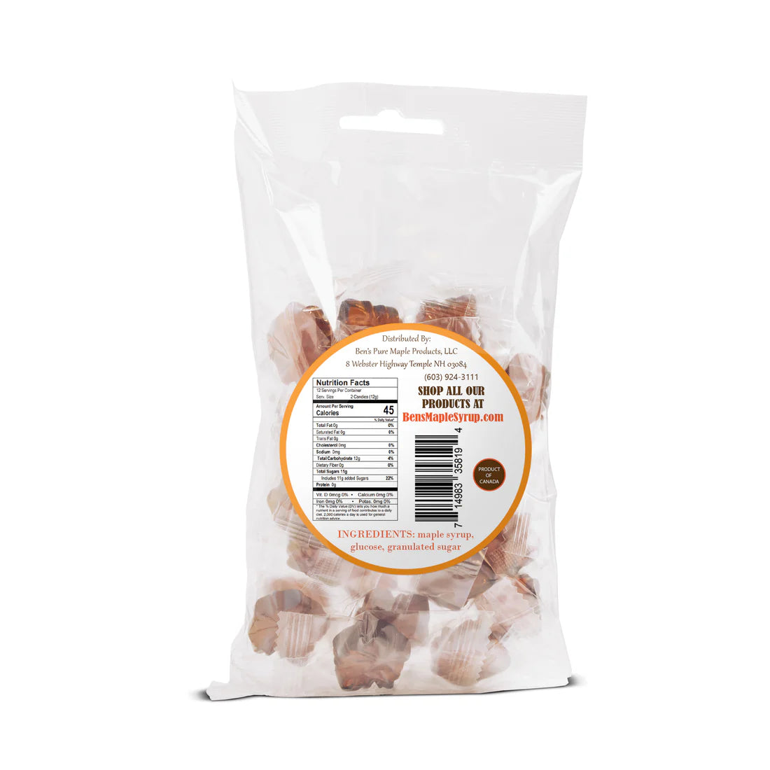 Pure Maple Hard Candy 5oz Bag - Over 40% Real Maple Syrup