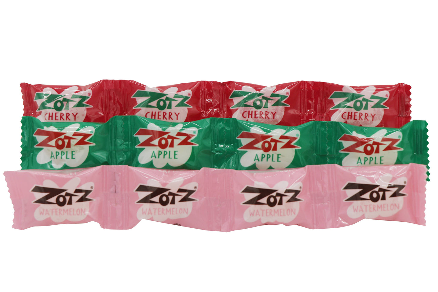 Assorted Zotz candy bars in different flavors on a white background