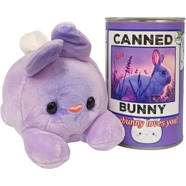 A purple plush bunny toy next to a matching purple can-shaped container labeled 'CANNED BUNNY' with a bunny photo and the phrase 'somebunny loves you!'.
