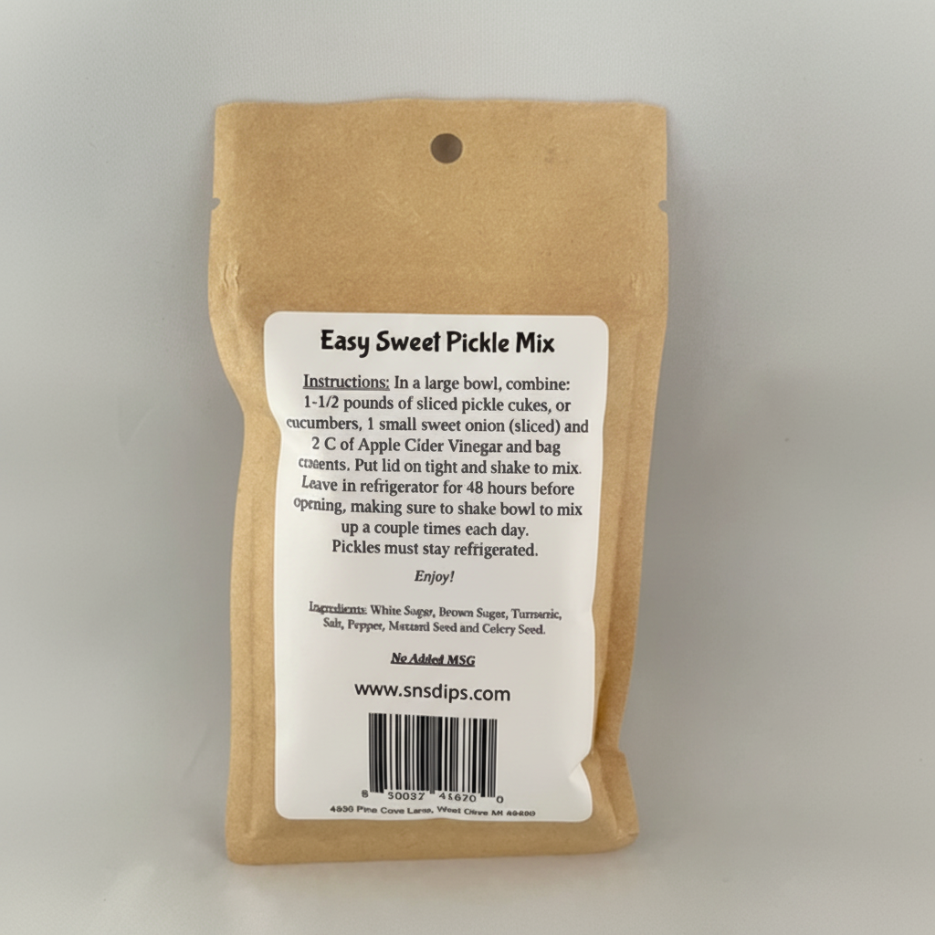 Madam Friday's Easy Sweet Pickle Mix back label with ingredients and instructions