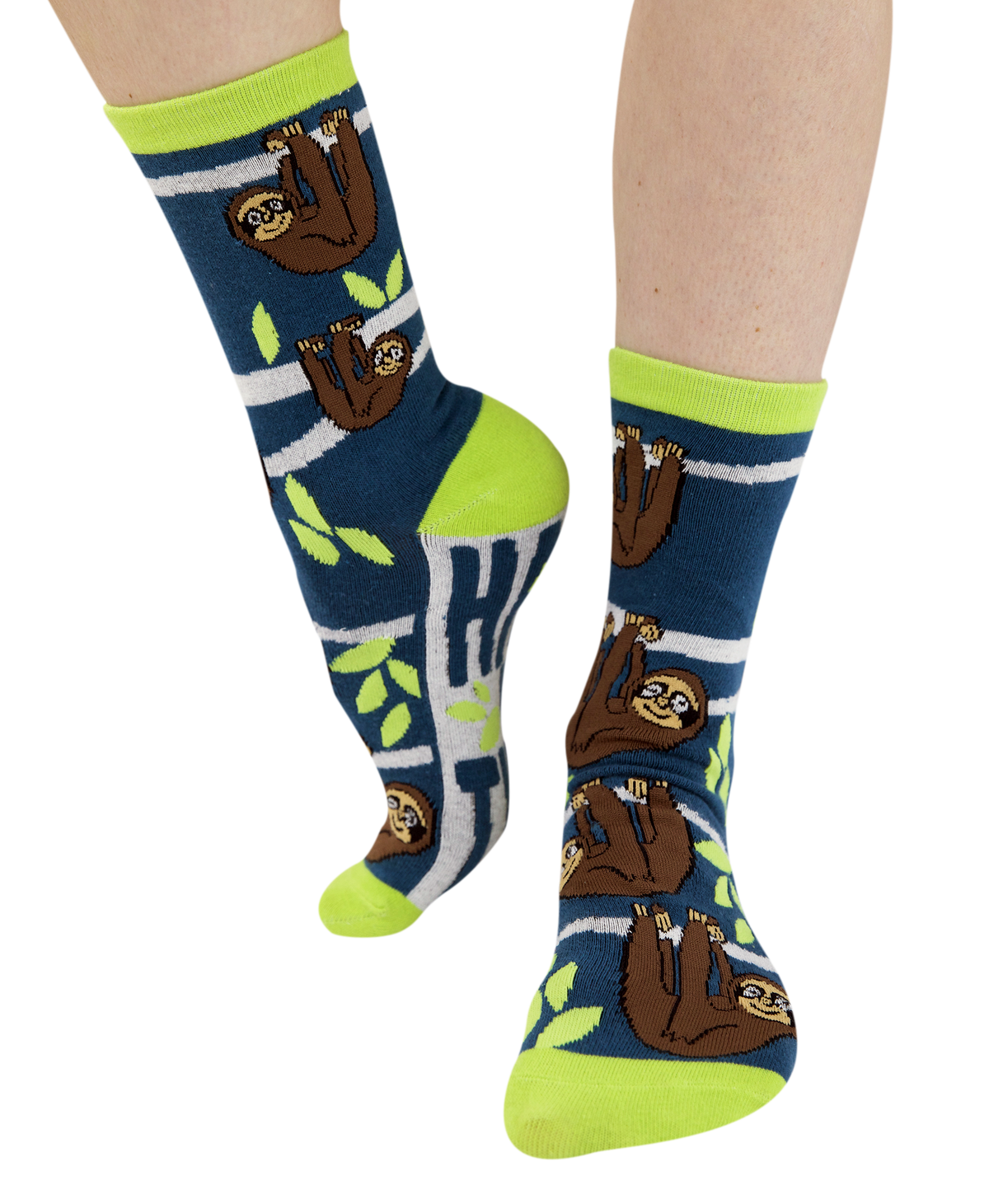 Sloth-themed socks with green accents worn by a person on a white background