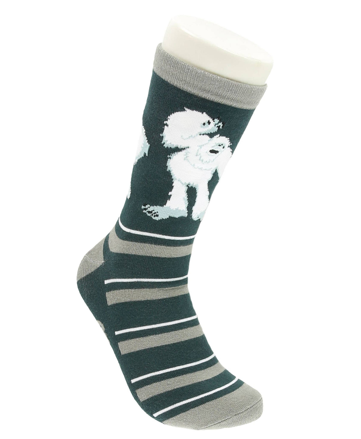Lazy One Yeti crew sock on a mannequin foot, showing a white yeti, striped foot, and gray cuff, heel, and toe.