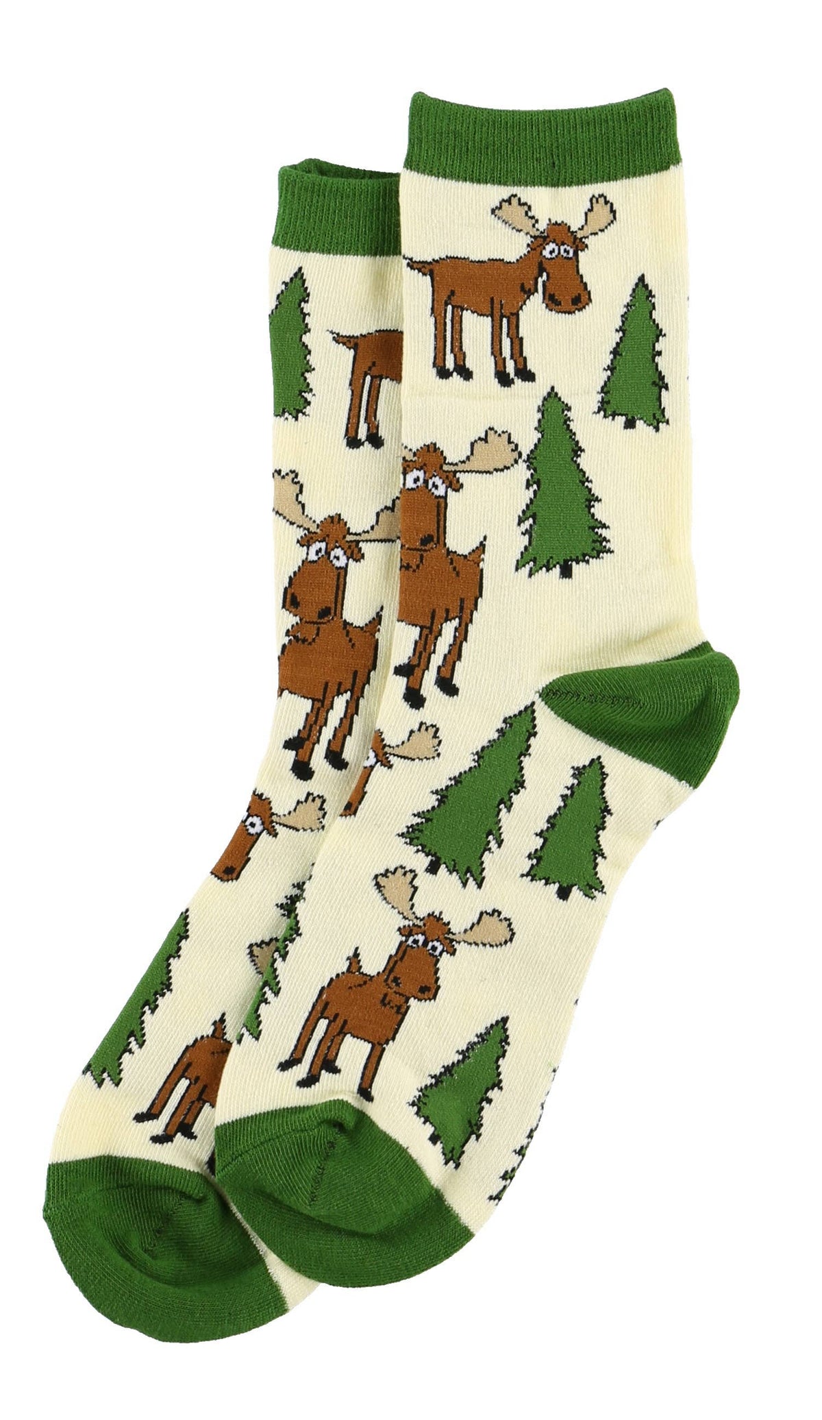 A pair of cream-colored crew socks with a green ribbed cuff and toe, featuring a repeating pattern of cartoon moose and pine trees.