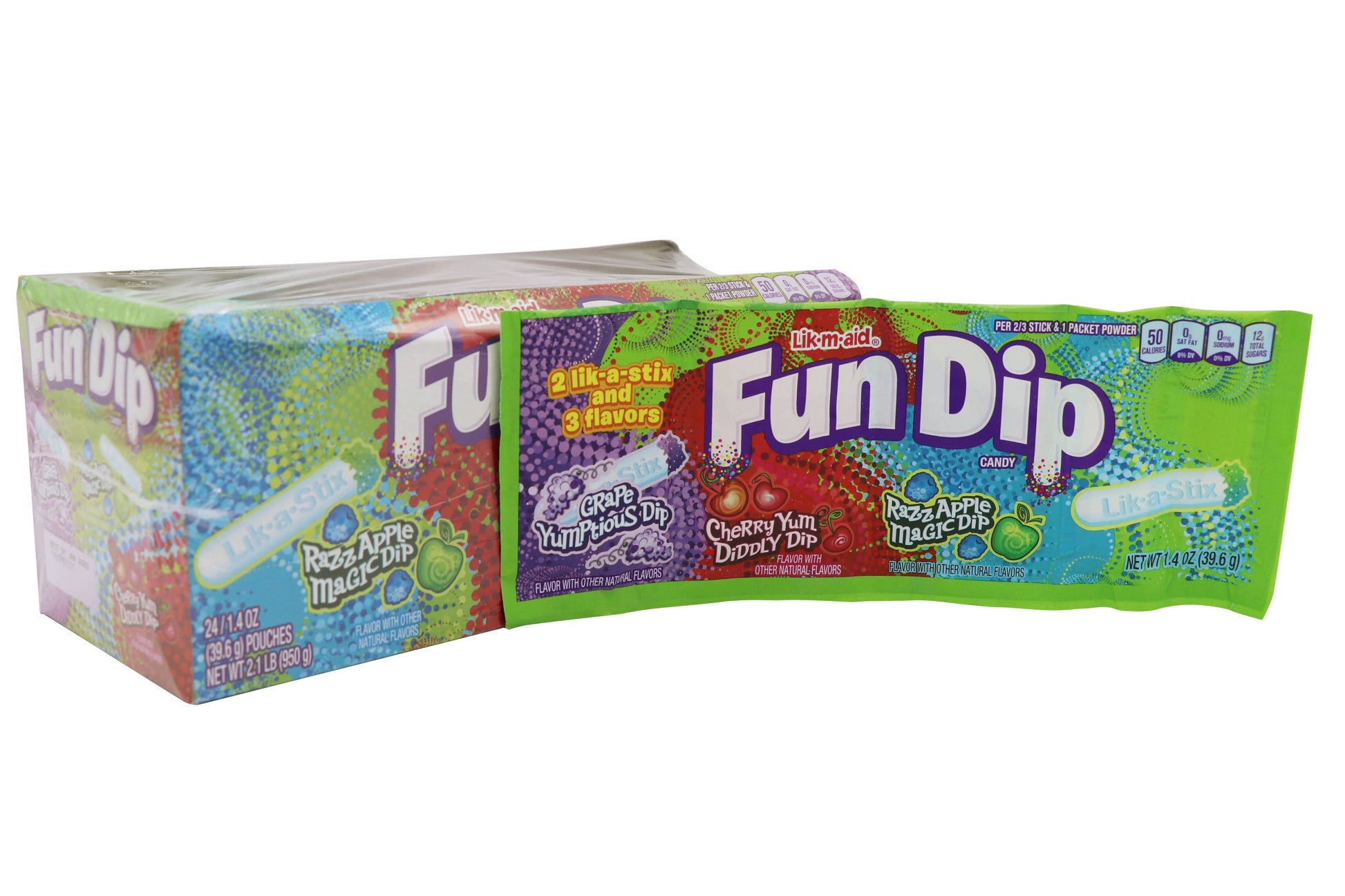 Box of Fun Dip candy with colorful packaging on a white background