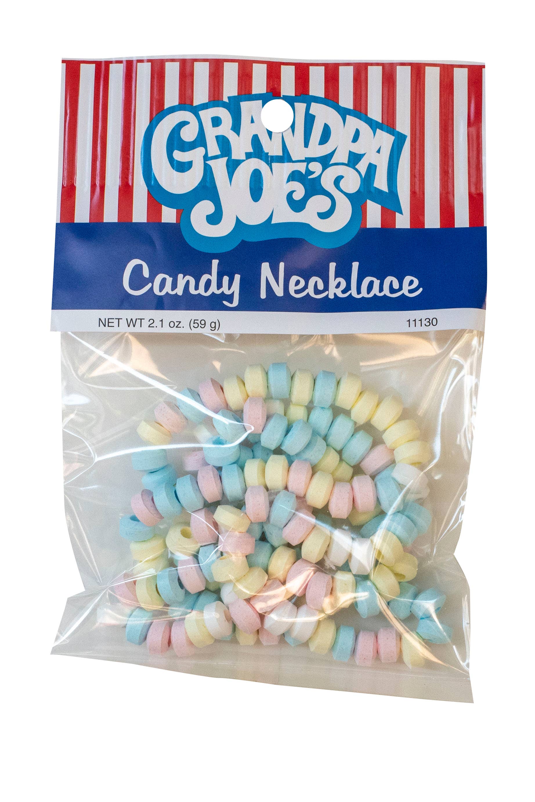 Packaged candy necklace with 'Grandpa Joe's' branding on a white background