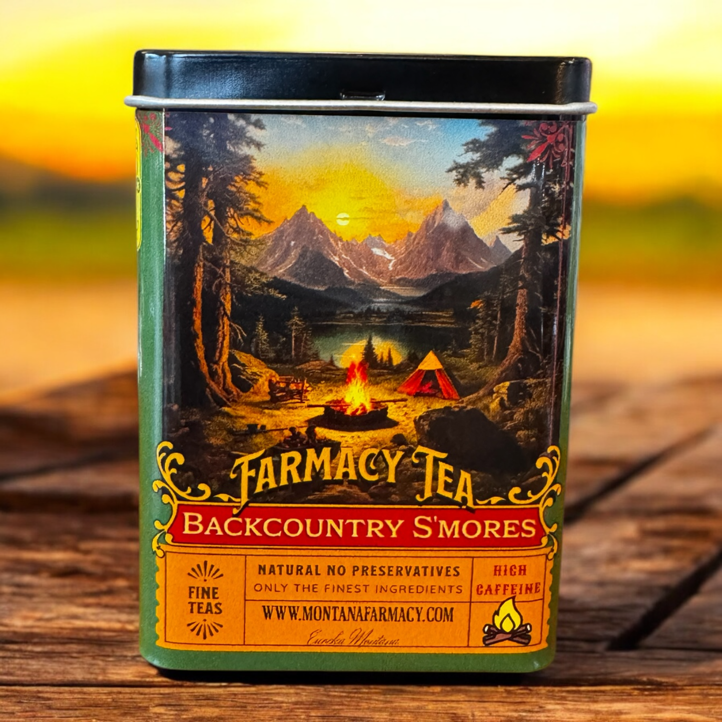Montana Farmacy Tea Backcountry S'mores packaging with a scenic design on a wooden surface.
