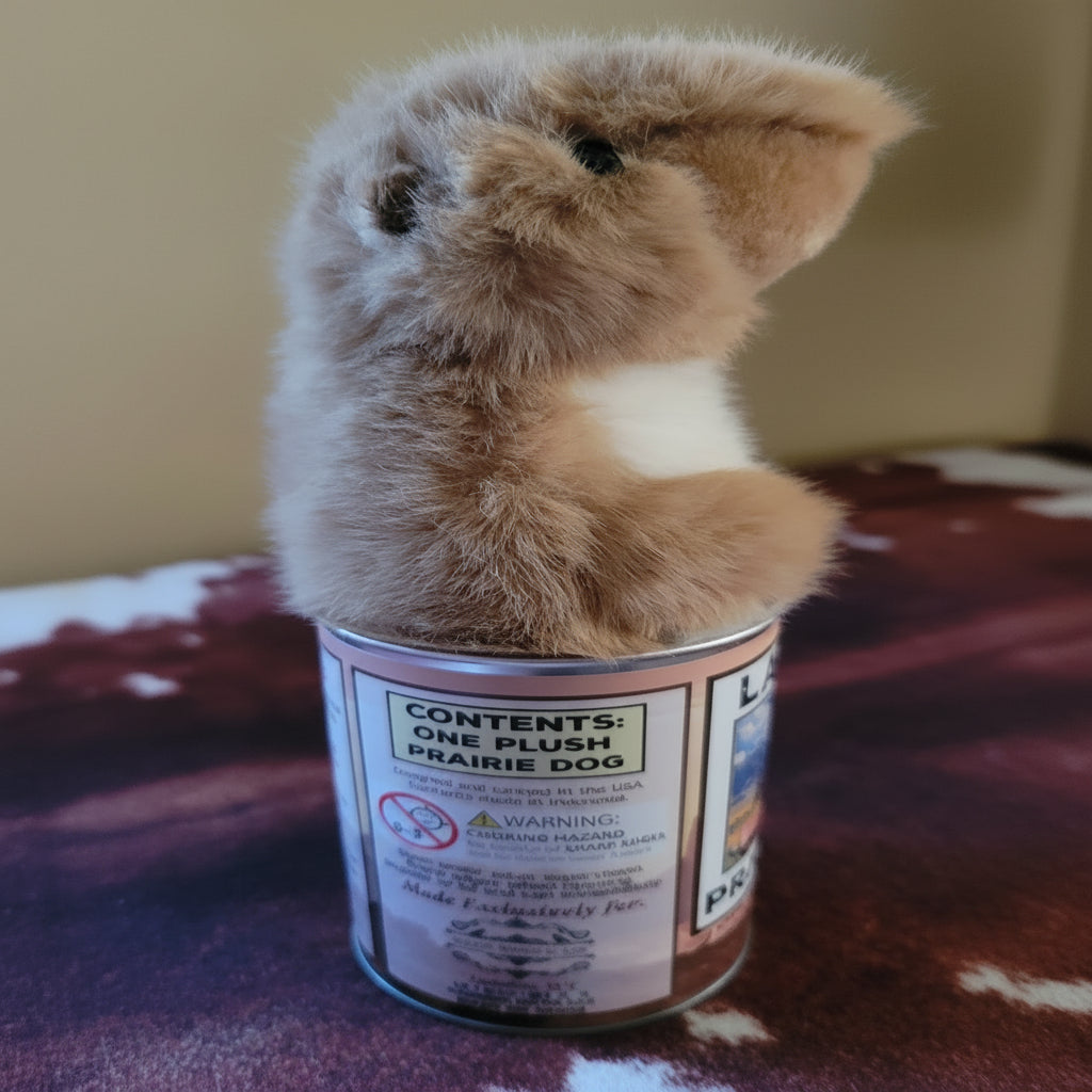 Side view canned Plush Pairie Dog popping out of a can on a cow print background