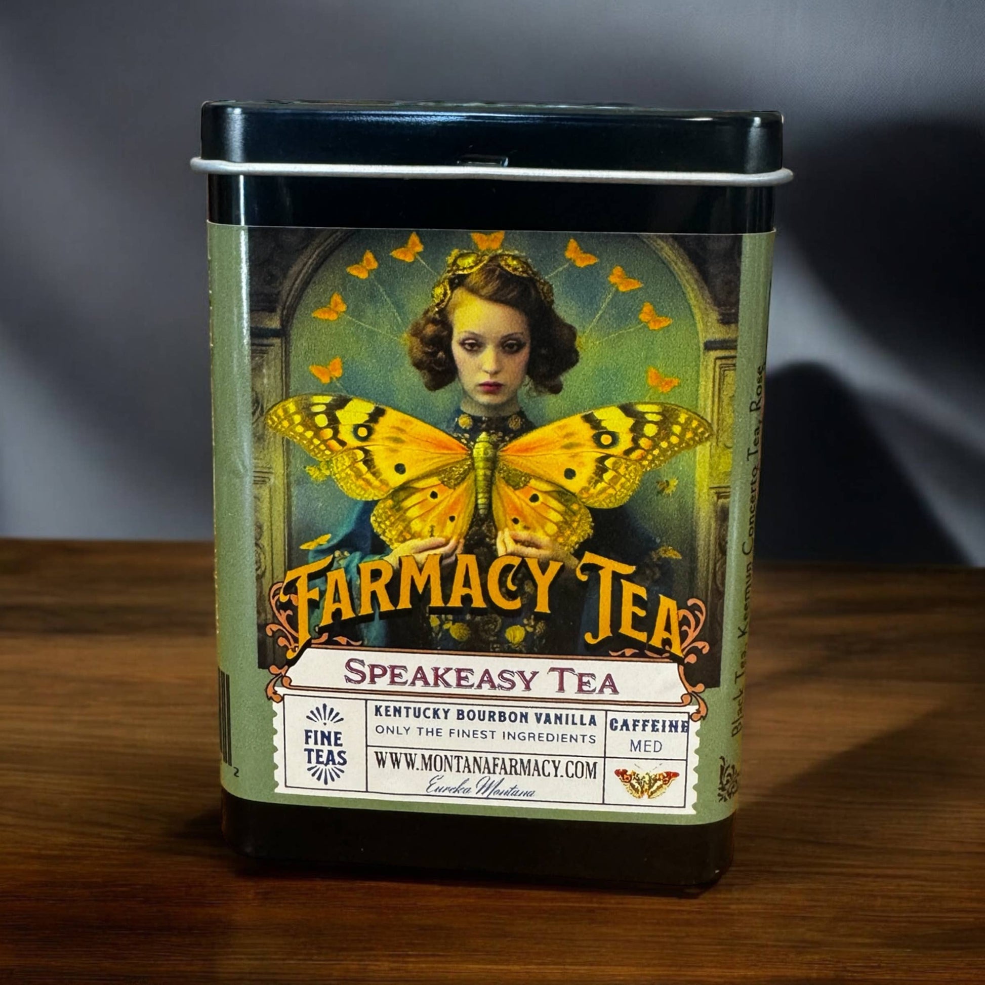 Montana Farmacy Speakeasy Tea Tin with a girl and butterfly on the label