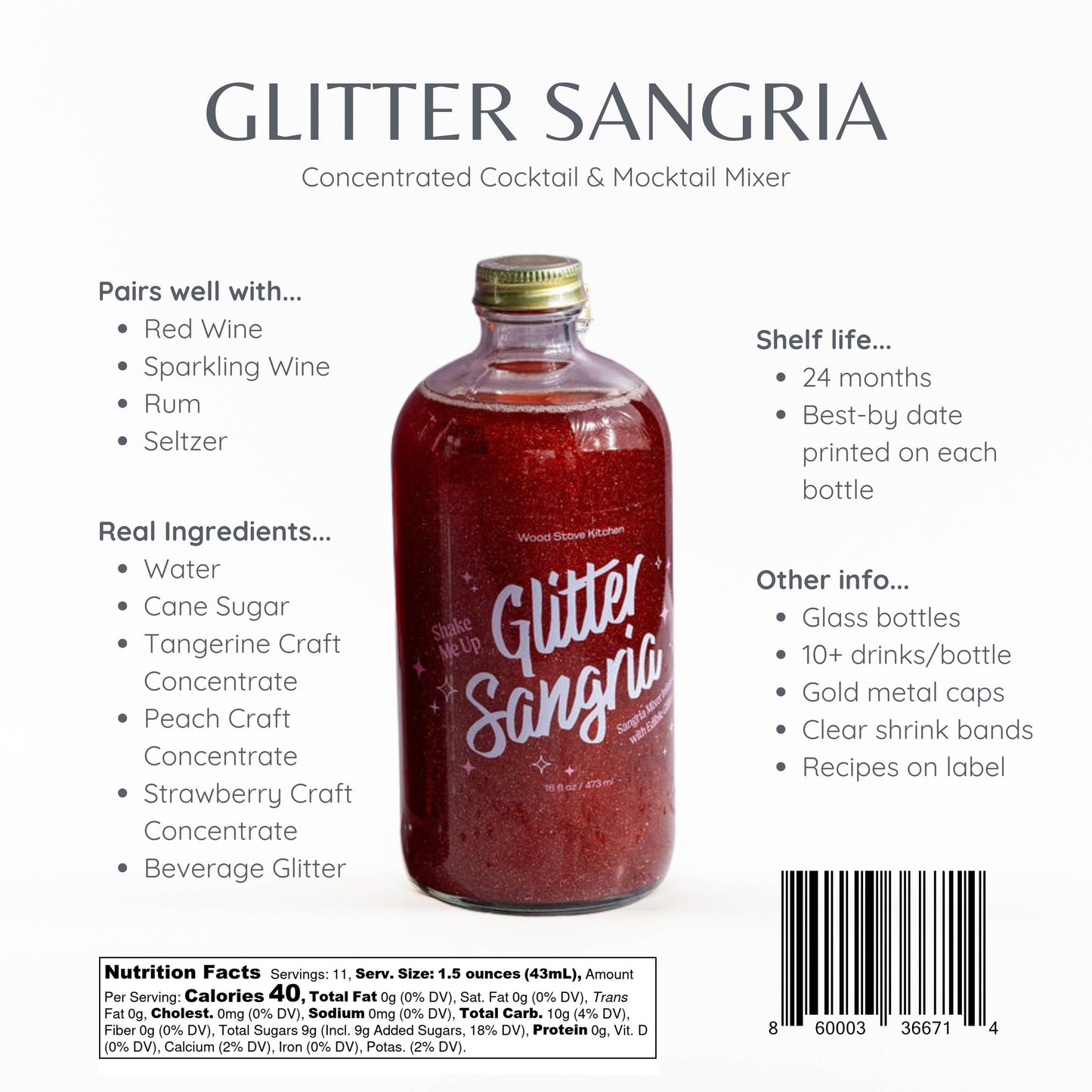 Glitter Sangria Non-Alcoholic Cocktail Mocktail Mix Syrup, 16 fl oz