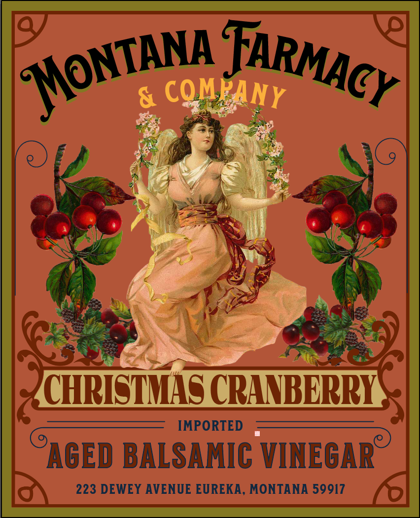 Montana Farmacy & Company Christmas Cranberry vinegar label with decorative design and woman figure.