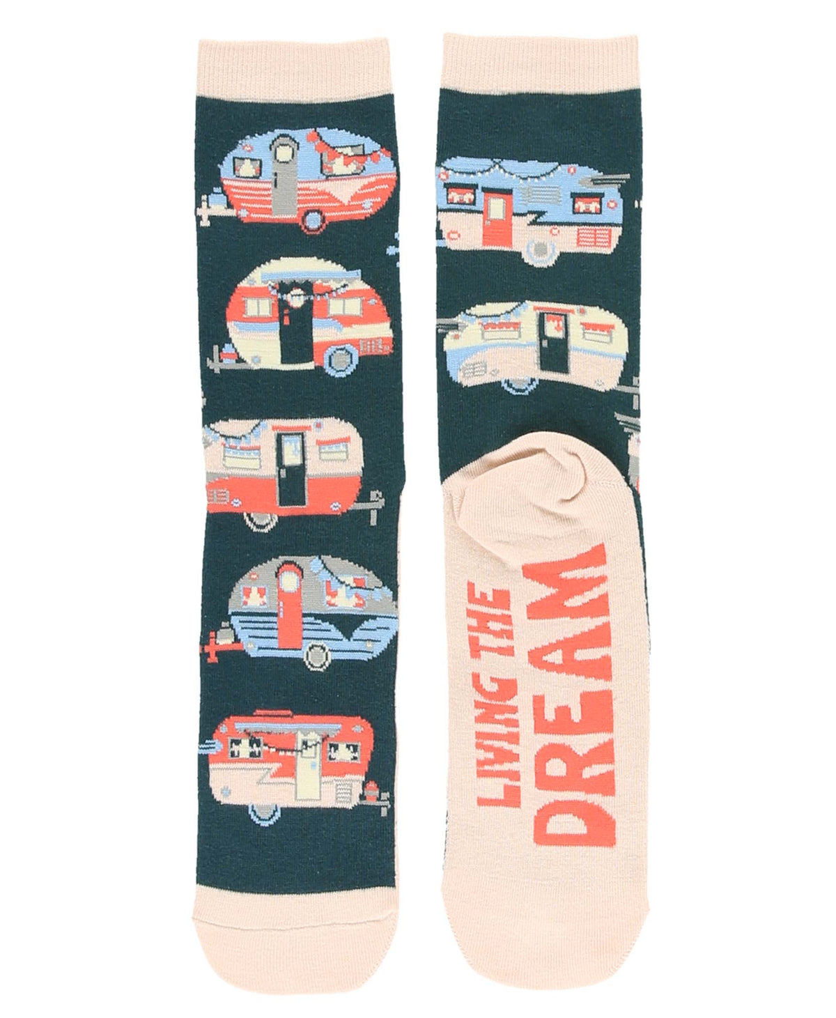 Lazy One Living The Dream dark teal crew socks with colorful vintage campers, cream trim, and coral “Living the Dream” lettering on the sole.