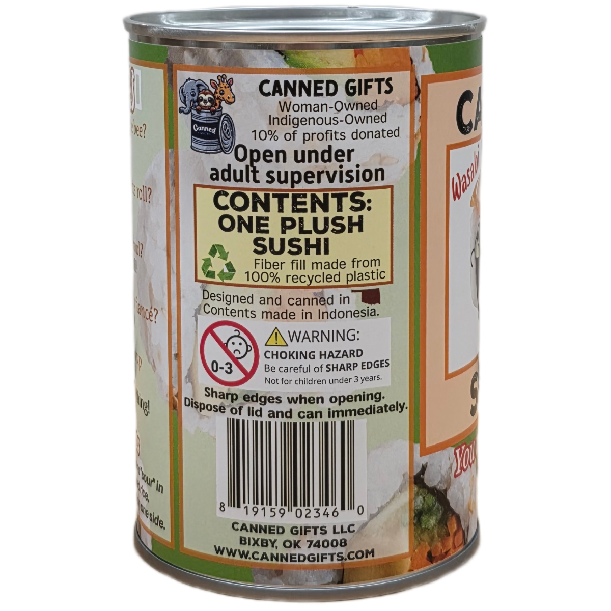 Canned toy labeled 'Plush Sushi' with branding and product details on a white background