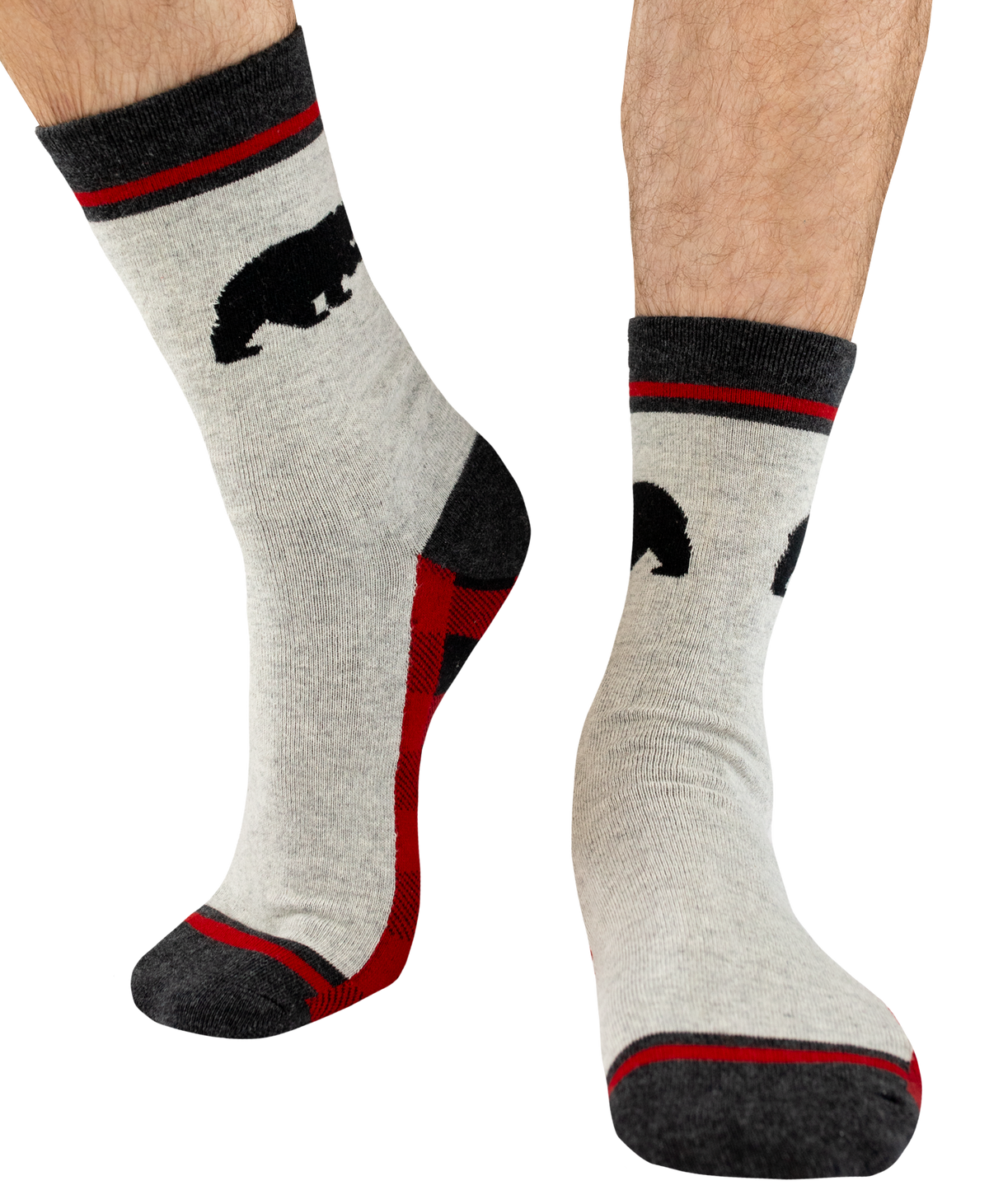 A pair of crew socks worn on legs, featuring a light heather gray base with black and red accents, including a black bear graphic on the side.