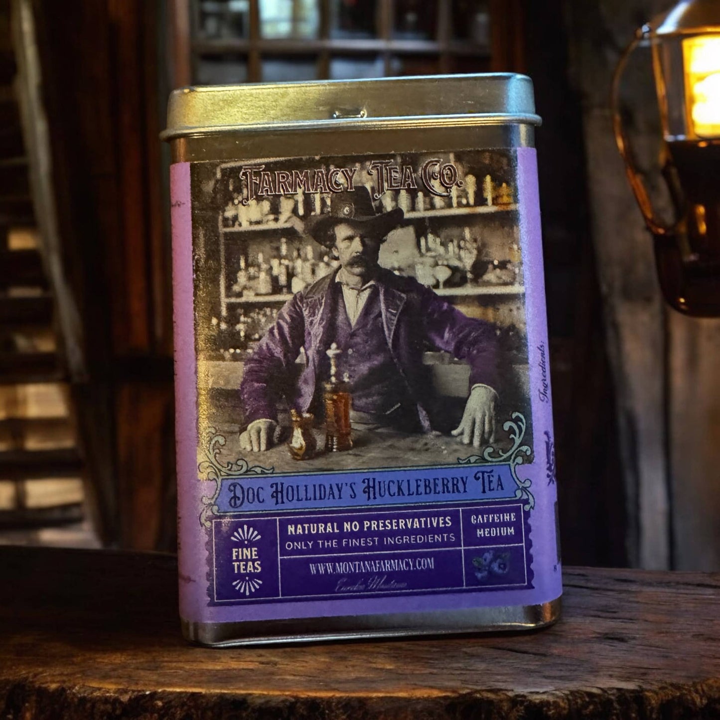 Tea canister with a label featuring a man in a hat and a bottle, set against a rustic background.