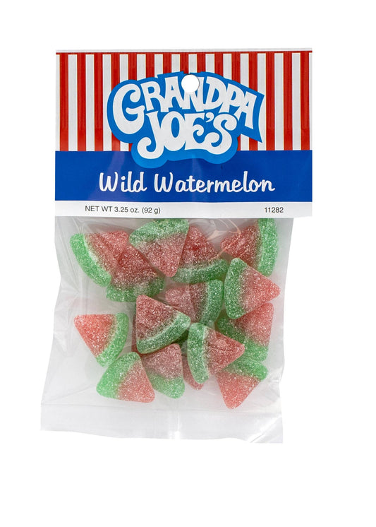 Packaged candy labeled 'Grandpa Joe's Wild Watermelon' with a red and white striped design on a white background.