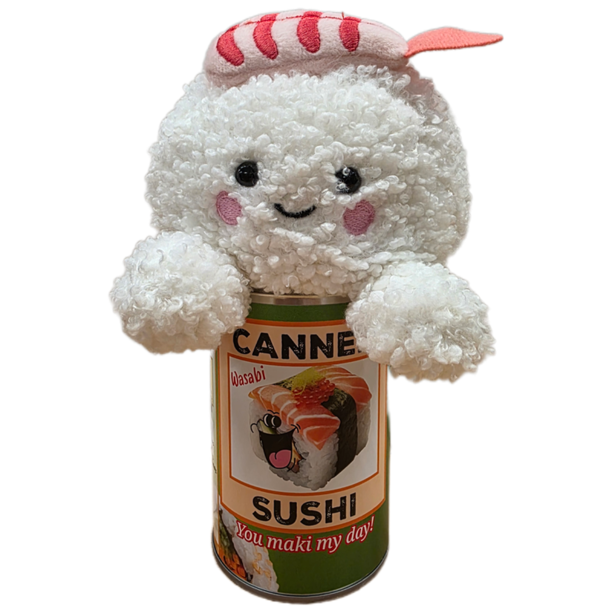 Plush toy resembling a Sushion top of  a can labeled 'Canned Sushi' on a white background