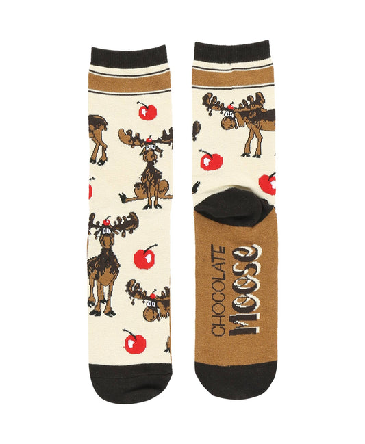 A pair of novelty crew socks featuring cartoon moose illustrations, red cherries, and the word 'CHOCOLATE Moose' on a white background.