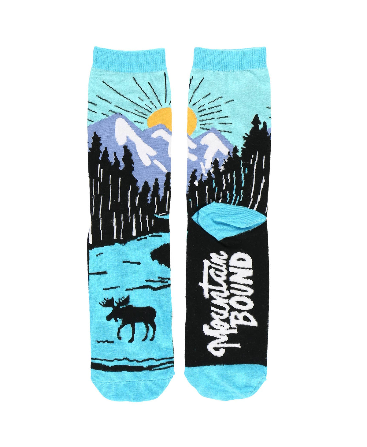 A pair of crew socks with a mountain and lake landscape print. One sock features a scenic graphic of mountains, a sun, pine trees, and a moose on a light blue background, while the other sock has a black section with the white text 'Mountain Bound' and a matching light blue toe and heel.
