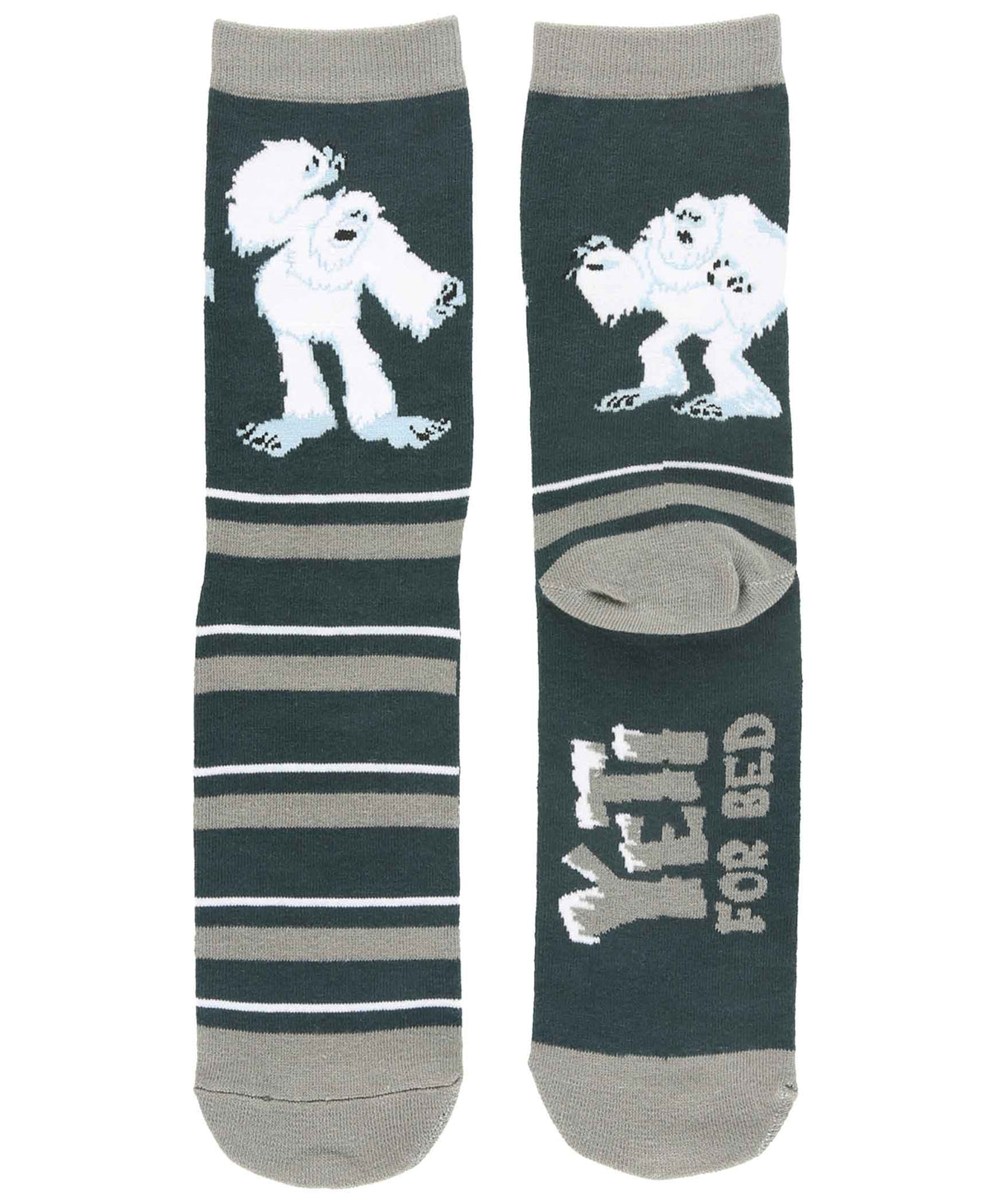 Lazy One Yeti crew socks with white yetis, gray and white stripes, gray trim, and “Yeti for Bed” on the sole.