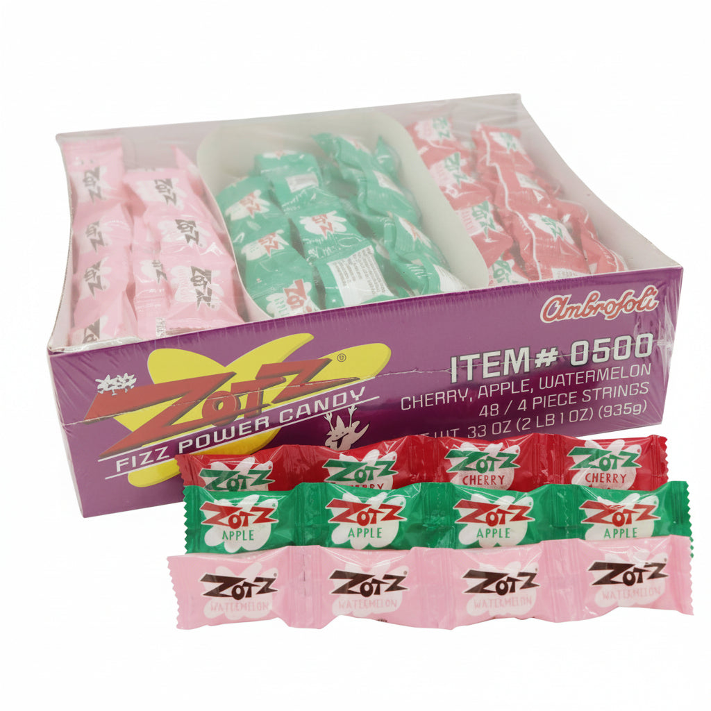 Box of Zots candy sticks with colorful packaging on a white background
