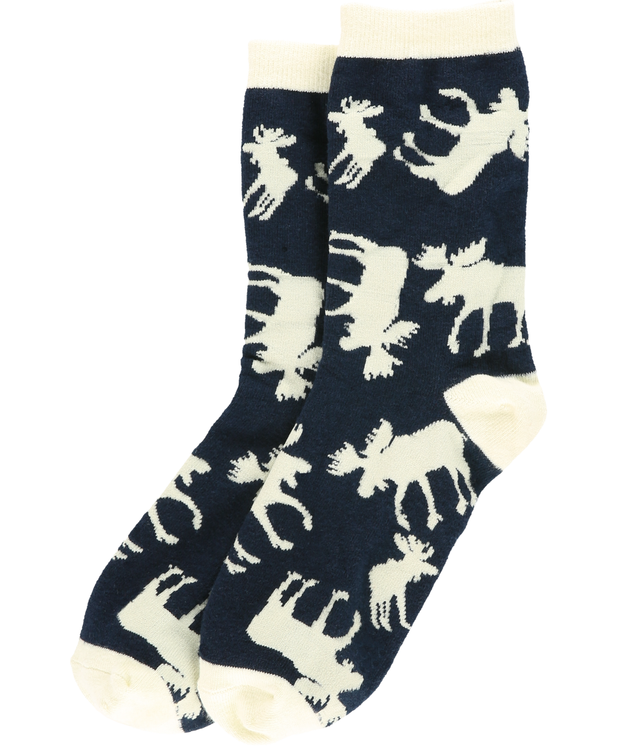 A pair of navy blue crew socks with an off-white knit moose pattern and off-white cuffs, toes, and heels, shown on a plain white background.