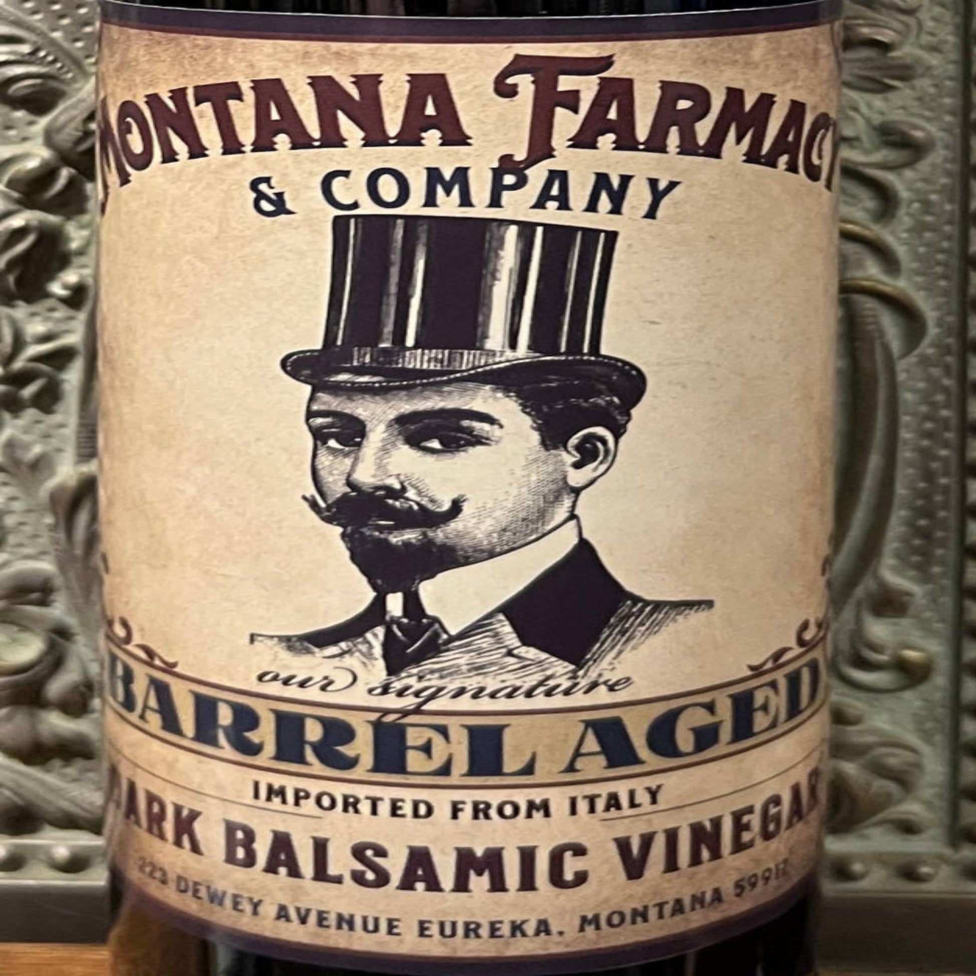 Montana Farmacy & Company barrel aged balsamic vinegar bottle with vintage-style label