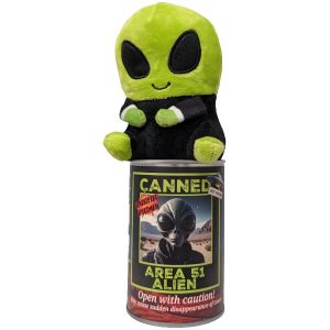 A green alien plush toy wearing a black suit, sitting on top of a novelty canister labeled 'CANNED AREA 51 ALIEN' on a plain white background.