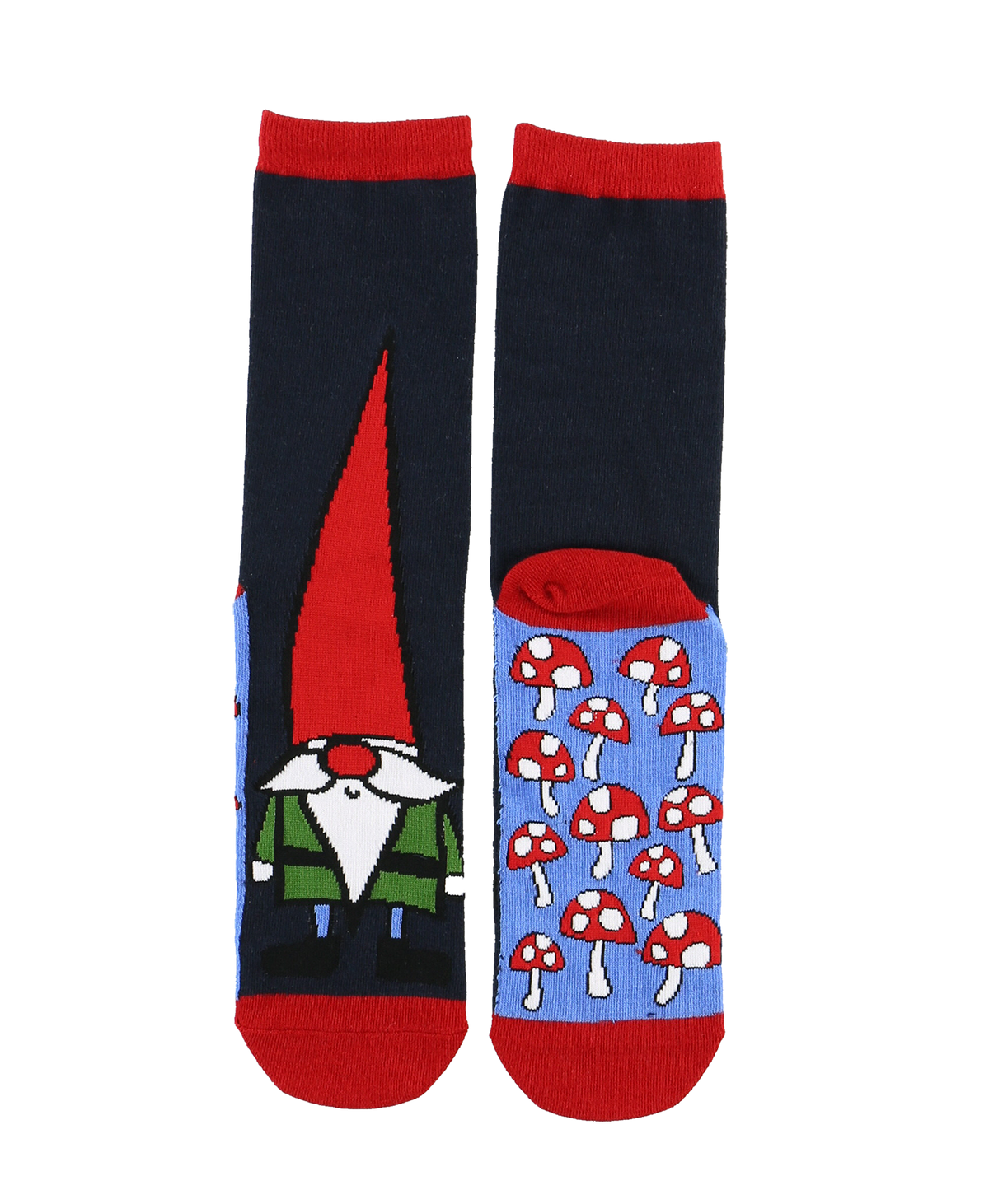 A pair of dark navy crew socks with red cuffs and toes, featuring a gnome design on one sock and a blue pattern of red-and-white mushrooms on the other, shown against a plain white background.