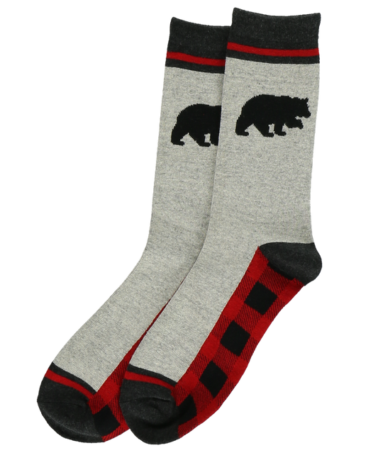 A pair of crew socks in heather gray with black bear silhouettes on the upper leg, black cuffs and toes, and red and black checkered stripes along the sole.