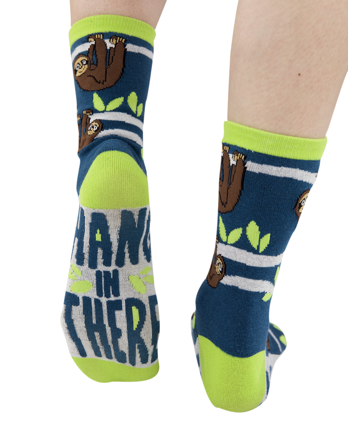 Colorful socks with sloth design and text on a white background