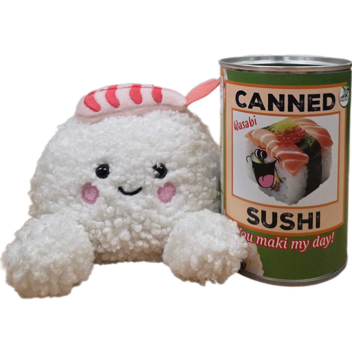 Plush toy resembling a ball of rice with a can labeled 'Canned Sushi' on a white background