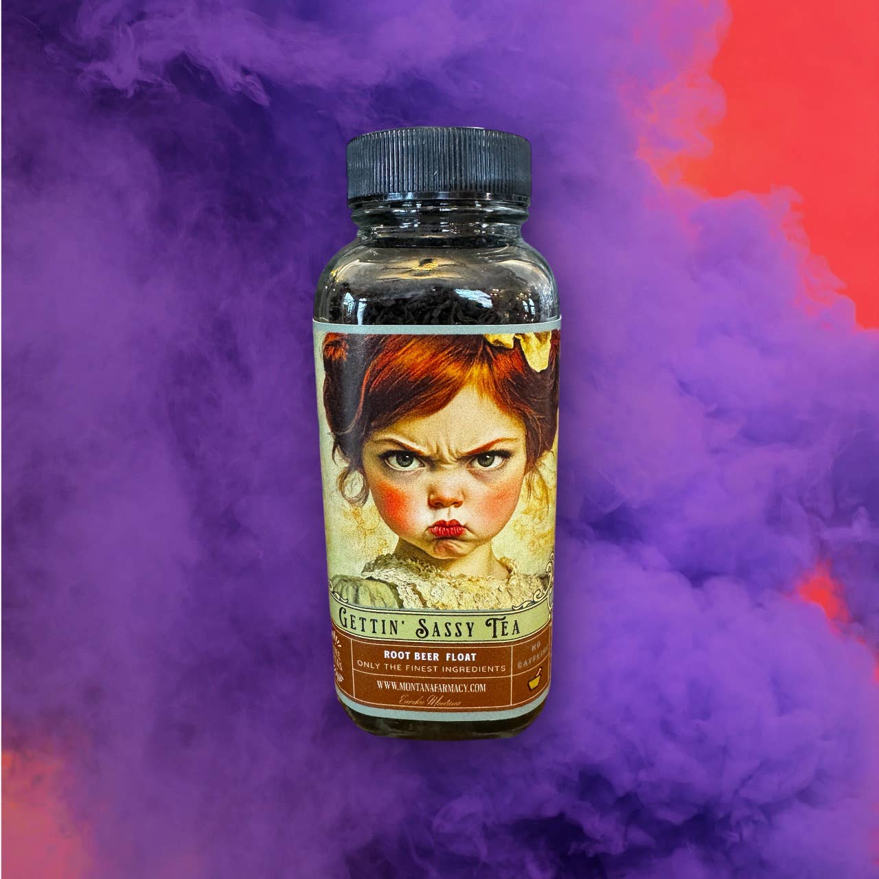 Montana Farmacy Getting Sassy Sassafras Root Beer Tea with vintage label closeup"