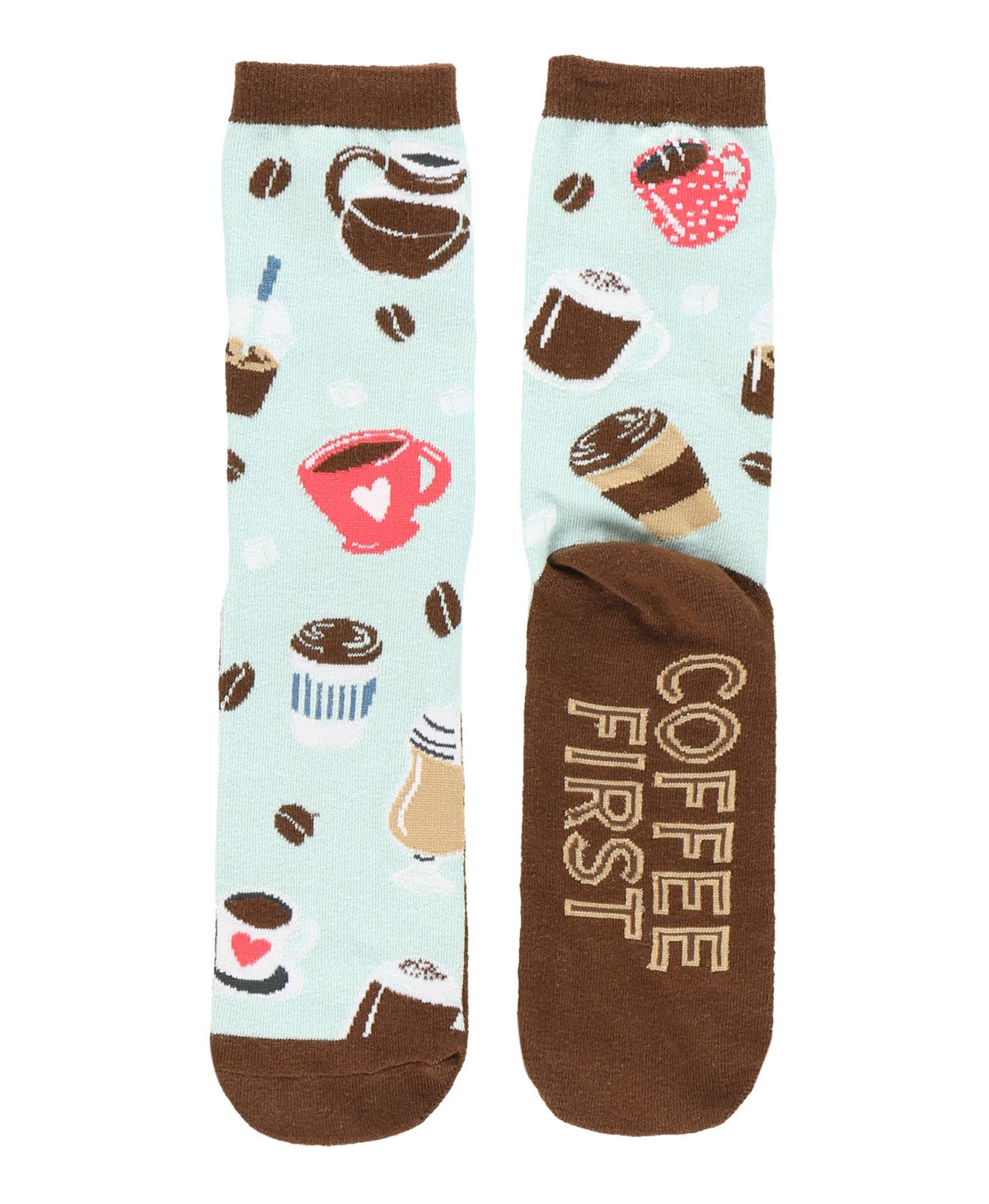 Two socks with coffee-themed design and 'Coffee First' text on a white background