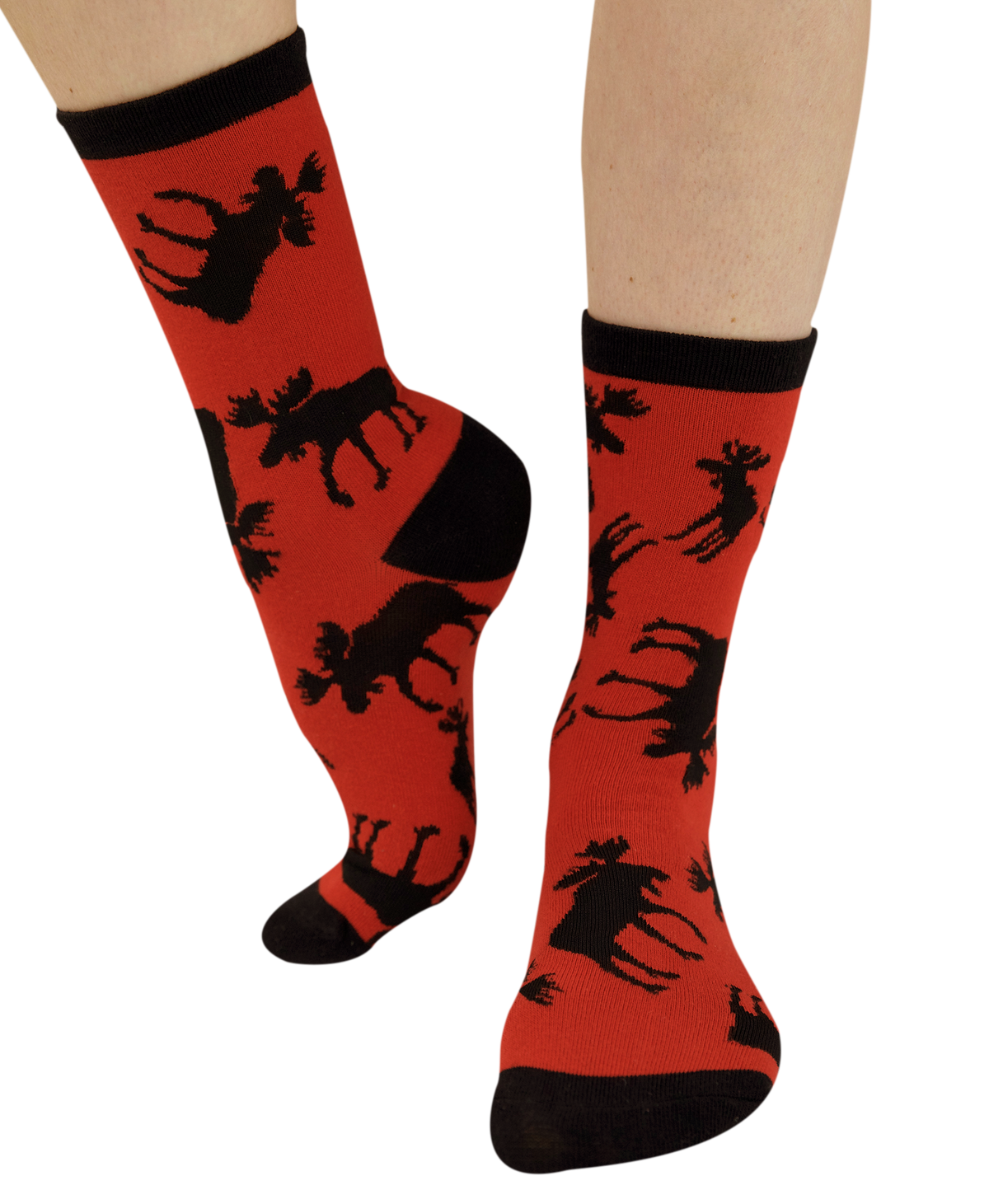 A pair of crew socks worn on a person's feet, featuring a bright red background with black moose silhouettes and solid black heels, toes, and cuffs.