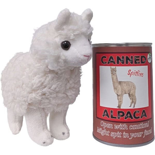 Plush alpaca toy next to a can labeled 'Canned Spitfire Alpaca' on a white background