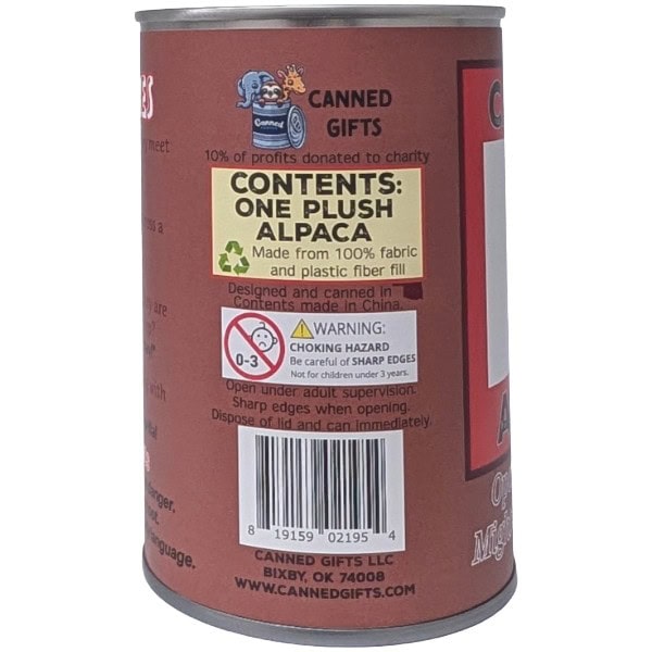 Silver can with a red label that reads ‘Contents: One Plush Alpaca’ on a white background.