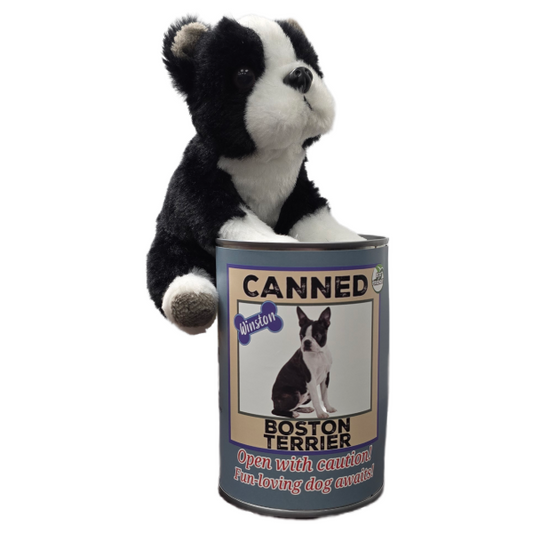 Winston the Canned Boston Terrier Dog | Stuffed Animal Plush w/Jokes