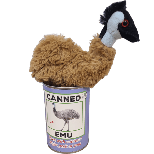 Canned Emu stuffed plush toy in silver pop-top can with jokes on label — quirky novelty gift