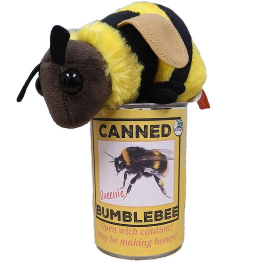 Plush toy bee on top of a can labeled 'Canned Bumblebee' on a white background
