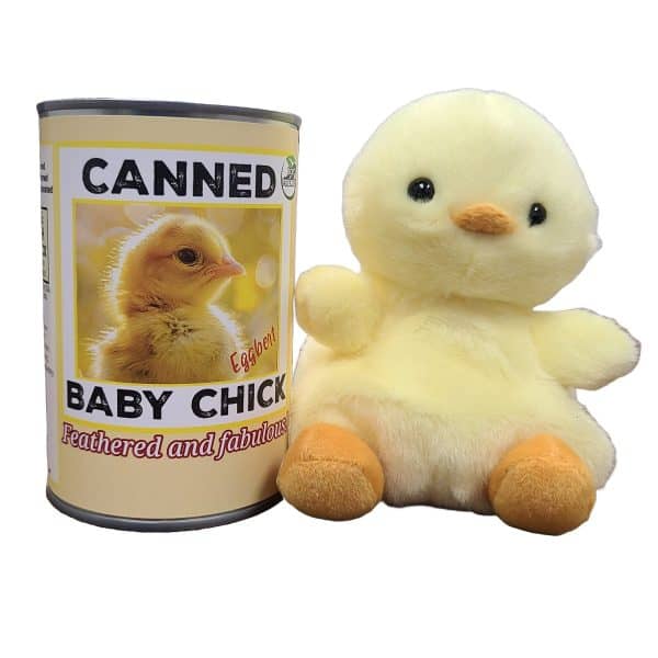 Canned Chick stuffed plush baby chicken toy beside a silver pop-top can with funny jokes — unique gift