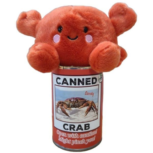 Canned Crab stuffed plush toy on top of a silver pop-top can with jokes printed on label — novelty gift